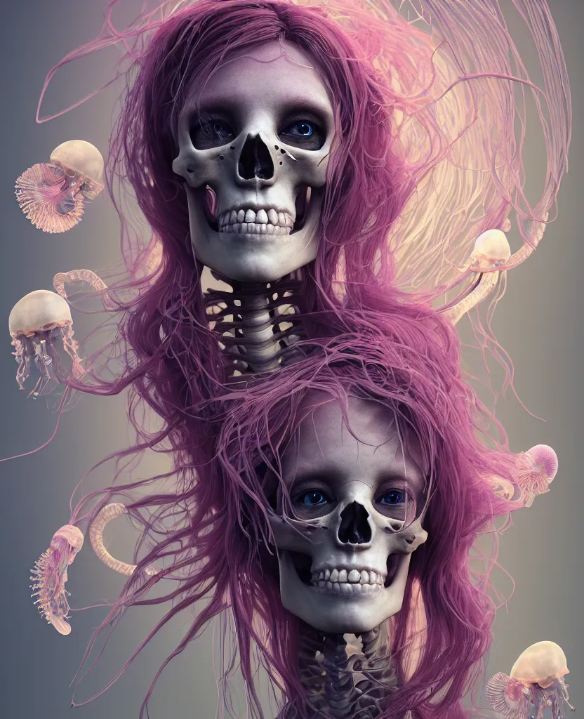 Image similar to goddess close - up portrait human skeleton, ram skull, jellyfish, orchid, betta fish, bioluminiscent, intricate artwork by tooth wu and wlop and beeple. octane render, trending on artstation, greg rutkowski very coherent symmetrical artwork. cinematic, hyper realism, high detail, octane render, 8 k