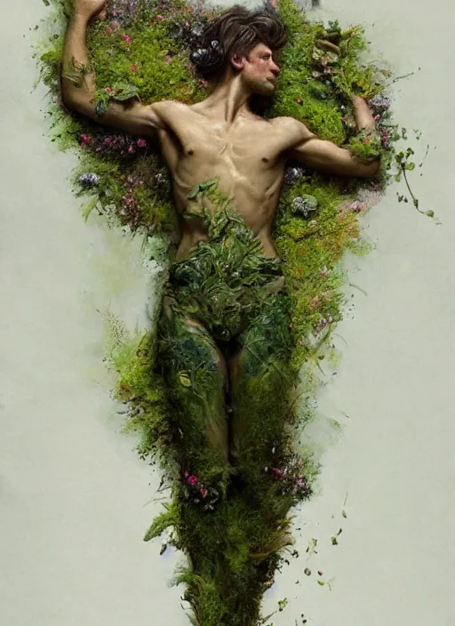 Image similar to a man made of moss and flowers, full body view, beautiful high quality realistic fantasy art, trending on artstation by artgerm and greg rutkowski and alphonse mucha