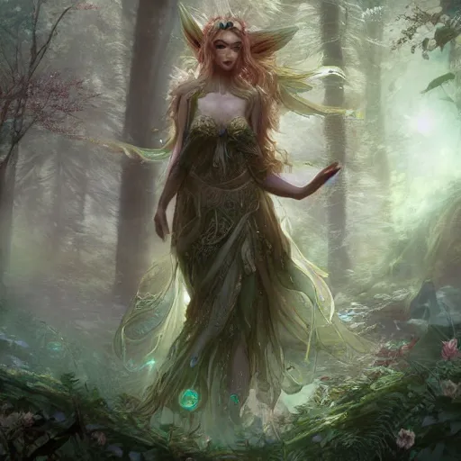 Prompt: a divine fairy druid forest goddess ascending into a new universe, in the style of wlop and vanessa lemen and charlie bowater, illustration, epic, fantasy, hyper detailed, unreal engine, ray tracing