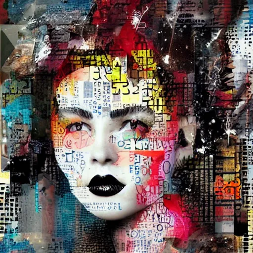 Image similar to a portrait of a young beauty constructed from collage, stickers, drop shadow, layered composition, layers, texture, mcu, highly textured, layered, sculpted, dynamic, splatter, splash, acrylic, mixed media