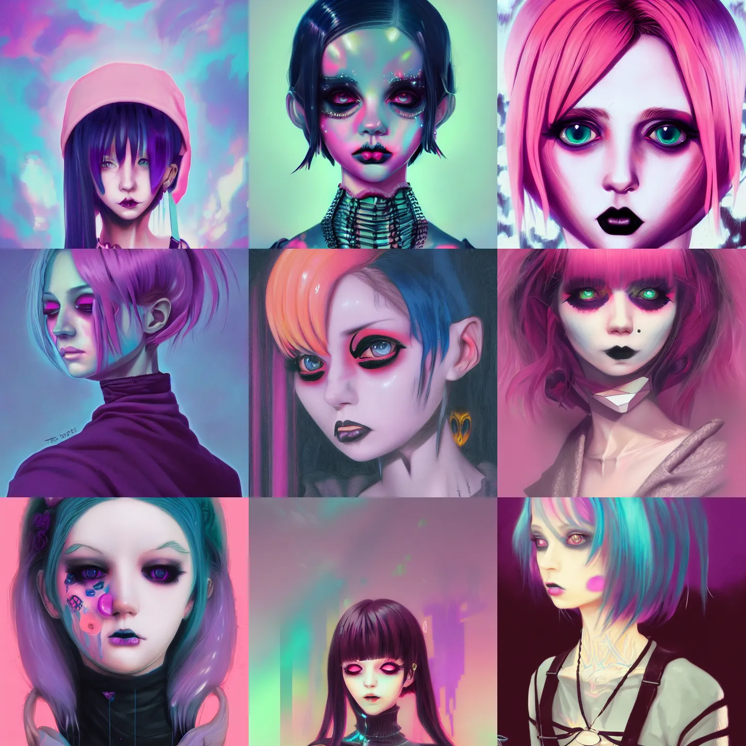 Prompt: 9 0 s, pastel goth aesthetic, creepy gothic portrait, yami kawaii, vaporwave colors, anime, manga, futuristic, hyperrealistic painting, heavy makeup, by stanley twardowicz, ilya kuvshinov, rossdraws, trending on artstation