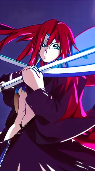 Image similar to Anime Screenshot of a Baiken unsheathing her sword at night, strong blue rimlit, visual-key, Nighttime Moonlit, anime illustration in the style of Gainax
