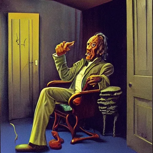 Image similar to angry old man in chair inside a dark house, surrealism, painting by boris vallejo and michael whelan