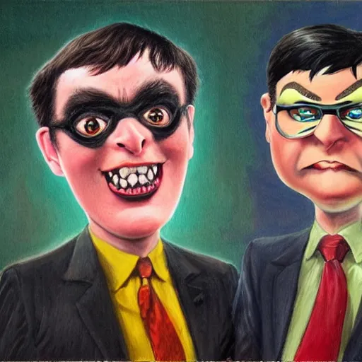 Image similar to beautiful lifelike painting of martin shkreli and the batman happily married, hyperreal detailed facial features and uv lighting, art by ed roth and basil wolverton