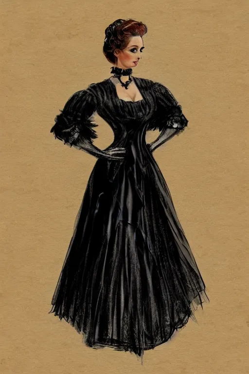 Image similar to Pretty victorian woman in a black shiny dress, fullbody portrait, character concept art