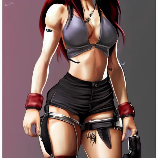 Image similar to high quality art of tifa lockhart with tattoos, flexing, trending on artstation