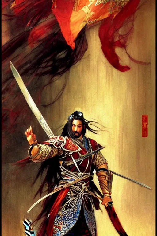 Image similar to wuxia, knight, male, character design, ancient china, colorful, painting by gaston bussiere, craig mullins, j. c. leyendecker, tom of finland