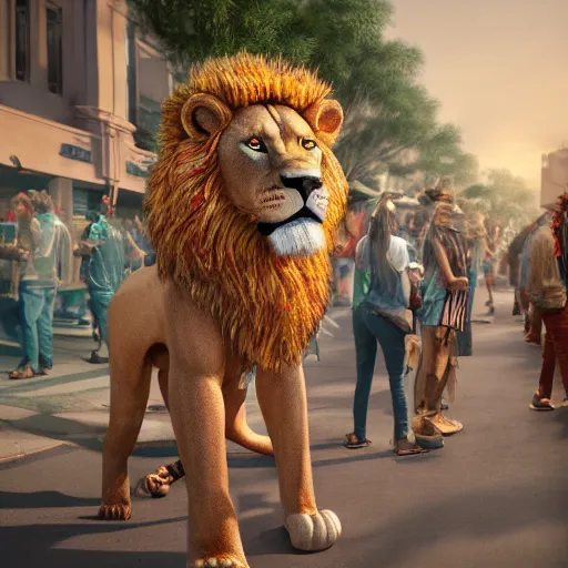 Image similar to anthropomorphic scene of lion at a street protest, exquisite detail lion in hippie clothes, Streetwear, hippie fashion, protest movement, trending on artstation, incredible detail, Graeme Base, 8k detail, gi, global illumination, physically based rendering, photoreal, small details, intricate complexity