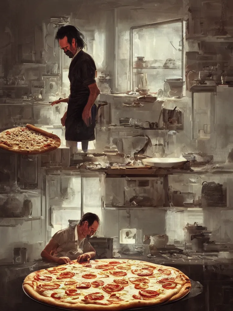 Prompt: a portrait of sad nick cave baking pizza in a painting from stalenhag, 4 k, 8 k, hdr, artstation, concept art