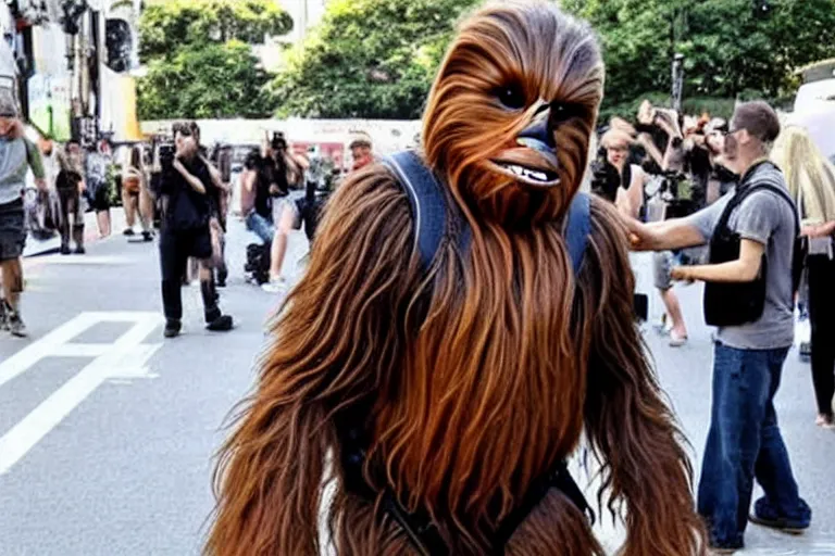 Prompt: Chewbacca paparazzi