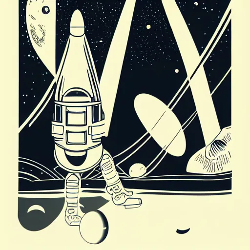 Image similar to a 70s vector based poster illustration about a space travel, negative space allowed, black ink on white background, smooth curves