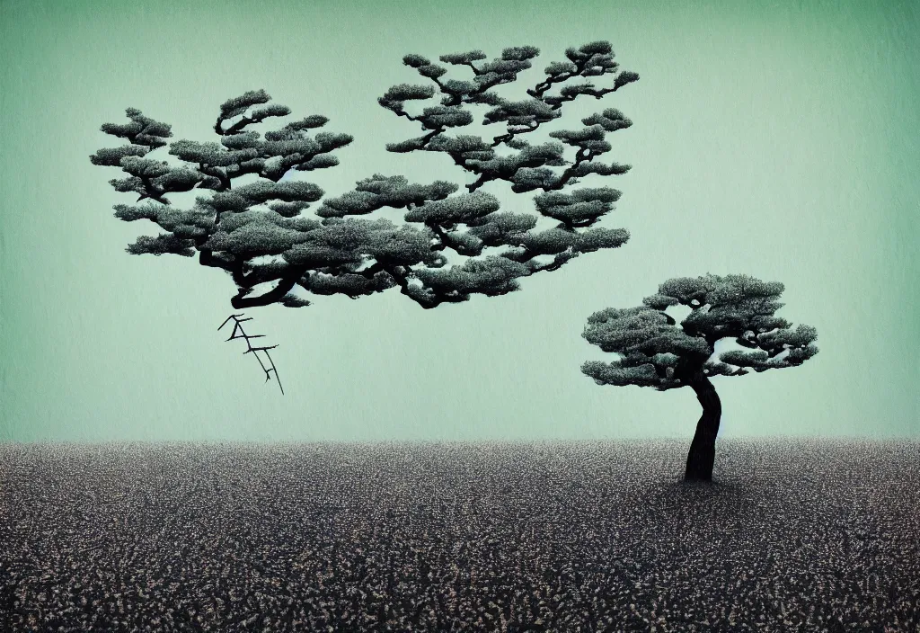 Image similar to windswept tree, rural japan, a collage painting, in the style of wes anderson, lola dupre, david hockney, isolated on negative white space background dark monochrome fluorescent neon spraypaint accents volumetric octane render