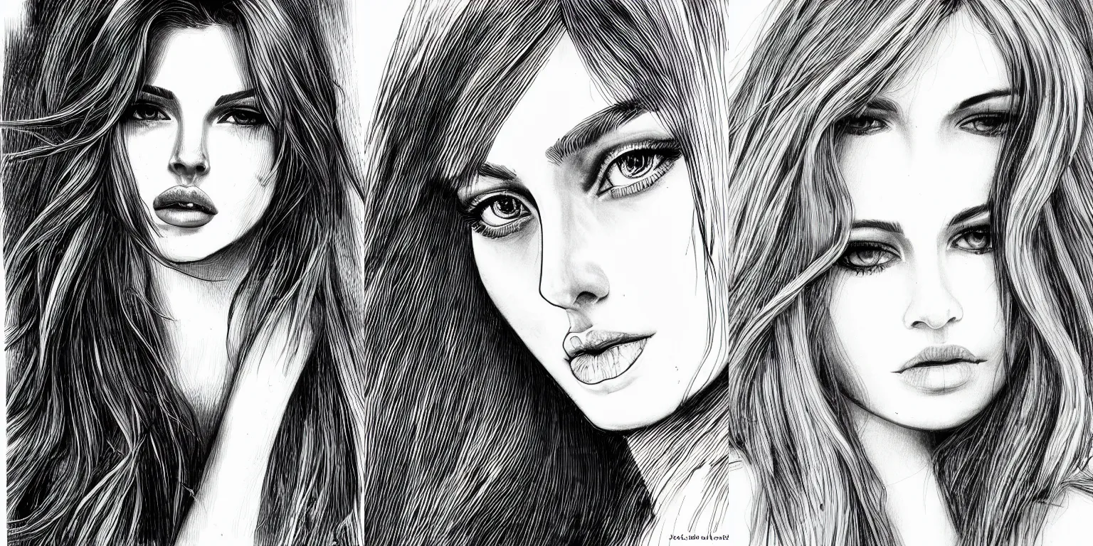 Prompt: black and white fashion portrait of a pretty blond woman, pen and ink, sketch, very detailed, artstation