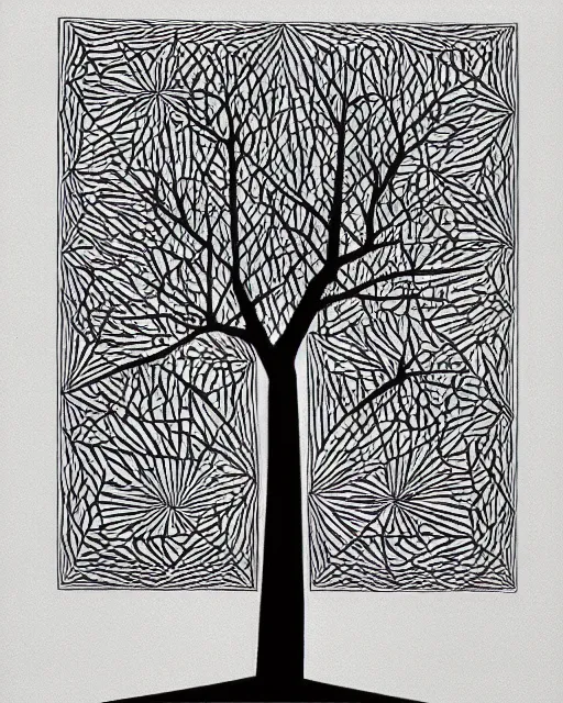 Image similar to “Infinity tree, geometric art by M.C. Escher, engraving, 1961”