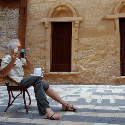 Prompt: a roman drinking a coffee in alhaurin de la torre in spain