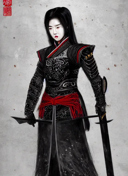 Image similar to full portrait of female vampire jinyiwei wearing black heavy armor and pointed helmet, agile, absurdly beautiful, facial scar, imposing, jinyiwei, embroidered uniform guard, secret agent, detective, chinese armor, historical armor, pointed helmet, katana, nodachi, japanese sword, ming dynasty, detailed, realistic face, anatomically accurate, fantasy art.