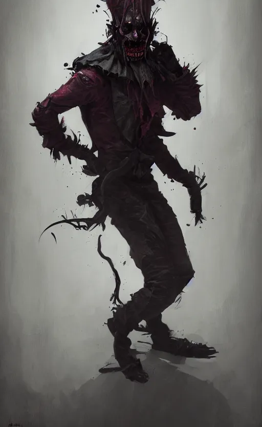 Image similar to full body portrait of villainous jester, dark, twisted, twisted. horror. highly detailed, cinematic lighting, digital art painting by greg rutkowski, trending on artstation