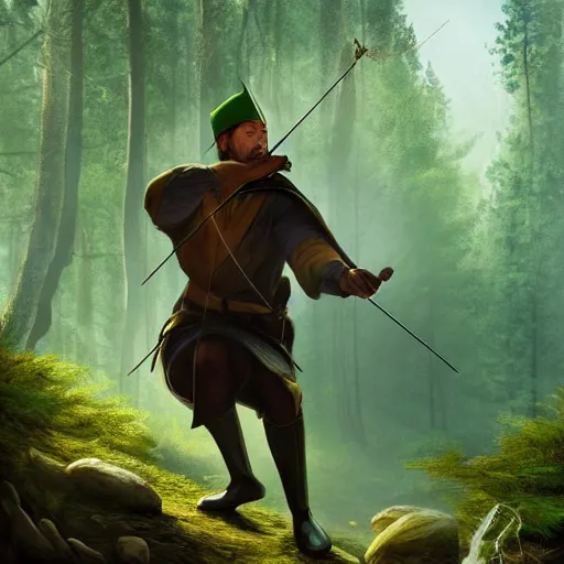 Image similar to Robin Hood with long bow in a forest, 4k, artstation, cgsociety, award-winning, masterpiece, stunning, beautiful, glorious, powerful, fantasy art