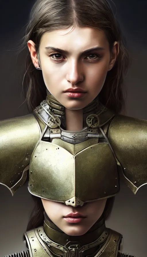 Image similar to a photorealistic painting of an attractive young girl, partially clothed in metal-plated battle armor, olive skin, long dark hair, beautiful bone structure, symmetrical face, perfect eyes, intricate, elegant, digital painting, concept art, illustration, sharp focus, minimal artifacts, volumetric lighting, from Metal Gear, in the style of Ruan Jia and Mandy Jurgens and Greg Rutkowski, trending on Artstation, award winning