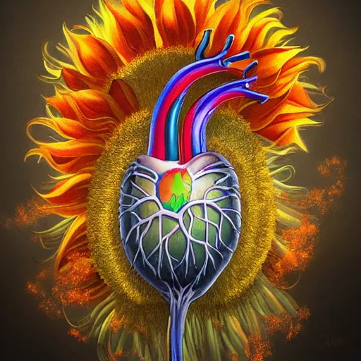 Image similar to a beautiful matte painting by Larisa Novik of an anatomically correct heart bursting out of an anatomically correct skeletal rib-cage and exploding into rainbows and sunflowers, trending on artstation hq