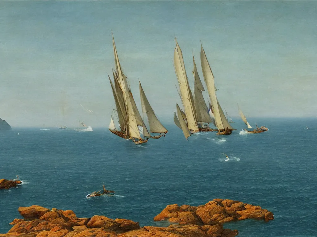 Image similar to A surprise sailing boat on the sea with the Esterel in background. Painting by Caspar David Friedrich, Roger Dean, Walton Ford