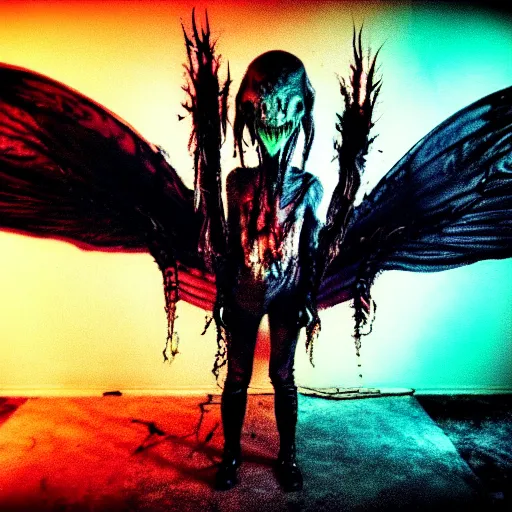 Image similar to a dark artistic photo of an alien creature with crazy wings, big budget horror, a polaroid photo, bleeding decaying colors!