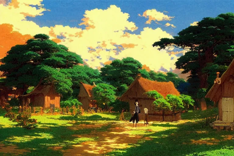 Prompt: peaceful village landscape, studio ghibli, anime background, lively colors, art by albert bierstadt