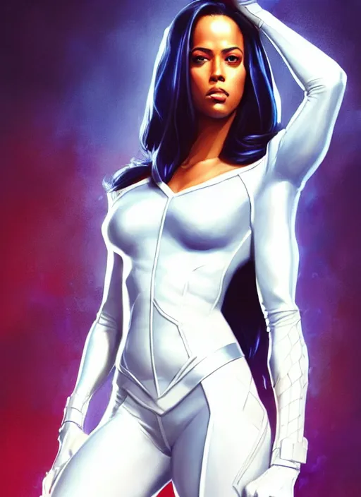 Prompt: full body portrait of marvel cinematic universe aaliyah haughton, x - men, emma frost, elegant, diamonds, super hero, white outfit, highly detailed!! digital painting, artstation, glamor pose, concept art, sharp focus, illustration, art by artgerm and greg rutkowski, artey freytag