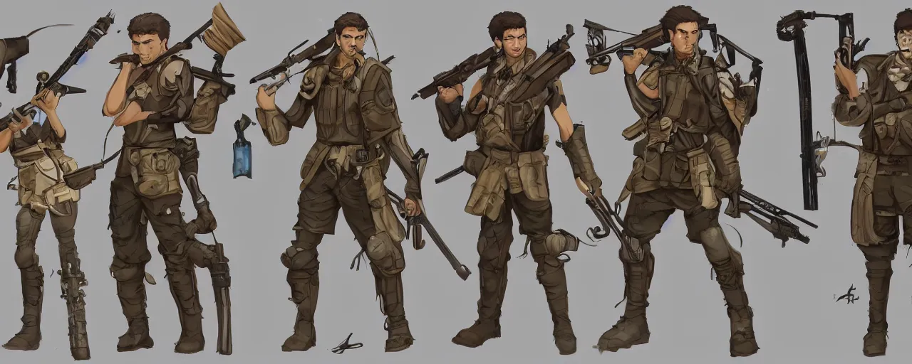 Image similar to A character sheet of a mercenary with short brown hair olive skin while wielding a giant sniper rifle, concept art, anime, Highly Detailed.