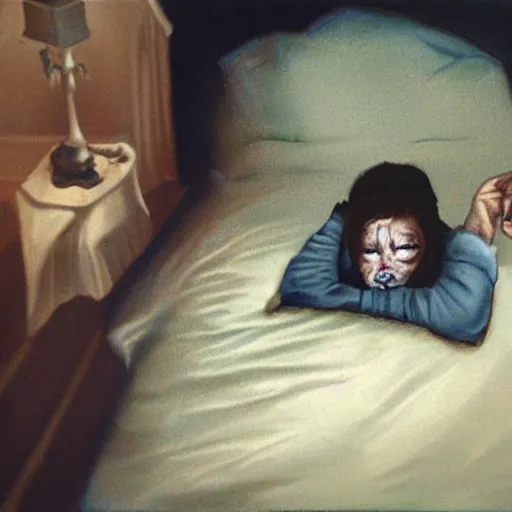 Prompt: Go to bed. Horror photo in hyperrealist style.