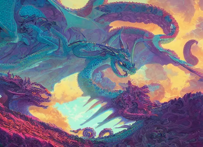 Prompt: psychedelic concept art painting of a dragon landscape made of thousands of dragons, detailed, cel shaded, in the style of makoto shinkai and moebius and peter mohrbacher and anton fadeev