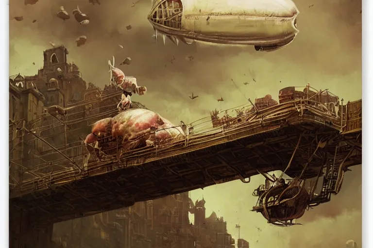 Prompt: a PIG HEAD, pig-blimp, steampunk, digital art, extremely detailed, flying over a city, greg rutkowski, cinematic