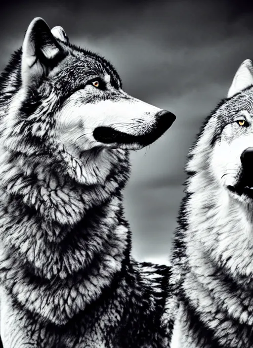 Image similar to two wolves black and white portrait white sky in background