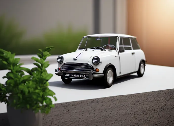 Image similar to a small miniature of a Mini Cooper S 1963 on a white table near a vase with a plant, 3d render, octane render, unreal engine 5, path tracing, serene landscape, calm, relaxing, beautiful landscape, highly detailed, high quality, 4k, symmetrical, low contrast