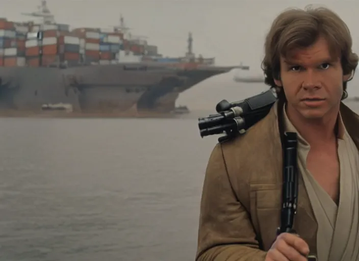 Prompt: screenshot of Han Solo dressed up as an imperial, iconic scene from 1970s spy thriller film directed by Stanley Kubrick, in a sci-fi shipping port, last jedi, 4k HD, cinematic lighting, beautiful portraits of Harrison Ford, moody, stunning cinematography, anamorphic lenses, kodak color film stock