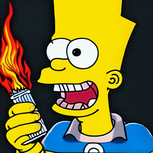 Prompt: Bart Simpson crying while breathing fire