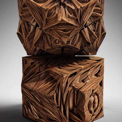 Image similar to rubic's cube made out of carved wood on a dark biome, au naturel, hyper detailed, digital art, trending in artstation, cinematic lighting, studio quality, smooth render, unreal engine 5 rendered, octane rendered, art style by klimt and nixeu and ian sprigger and wlop and krenz cushart