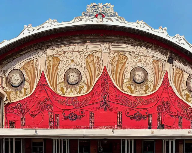 Image similar to photo of an outdoor mural of an opera house from the early 1 9 0 0 s in the style of art nouveau, red curtains, art nouveau design elements, art nouveau ornament, opera house architectural elements, painted on a brick wall, outdoor mural, mucha, masonic symbols, masonic lodge