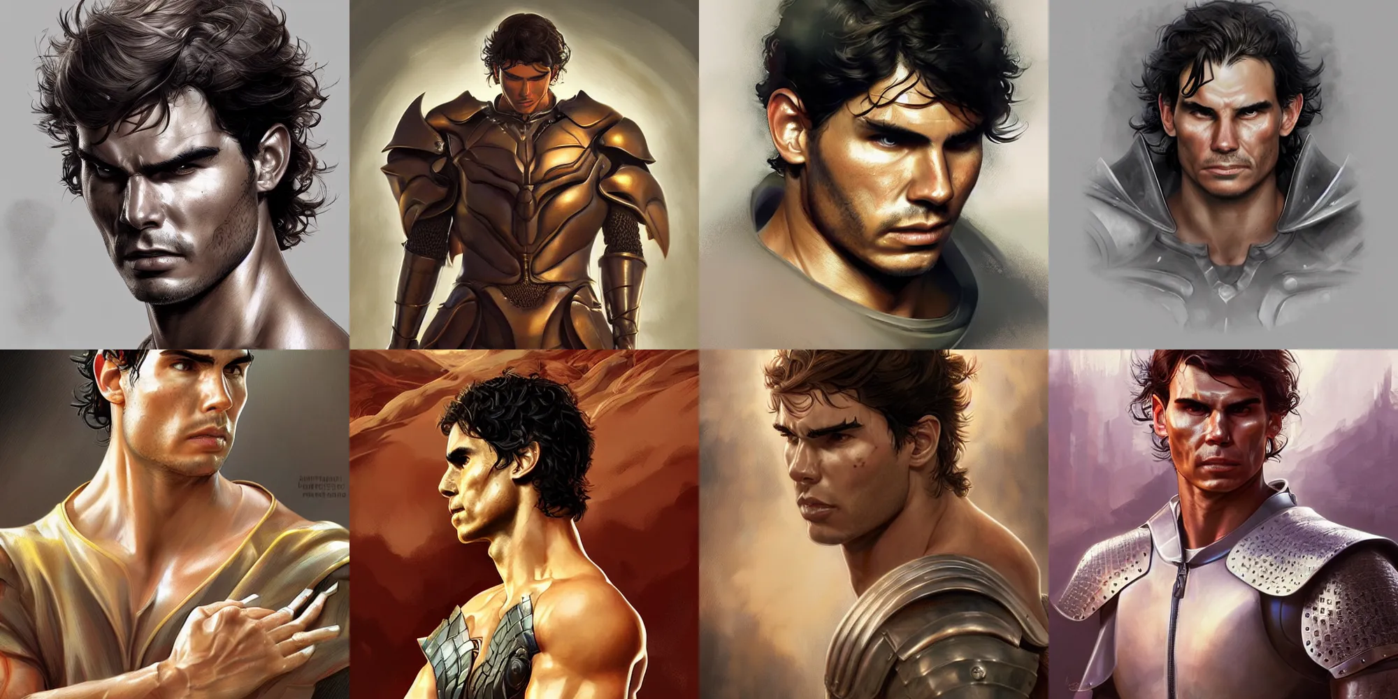 Prompt: Rafael Nadal from Berserk, half body portrait, videogame cover art, highly detailed, digital painting, artstation, concept art, smooth, detailed armor, sharp focus, beautiful face, illustration, art by Artgerm and greg rutkowski and alphonse mucha