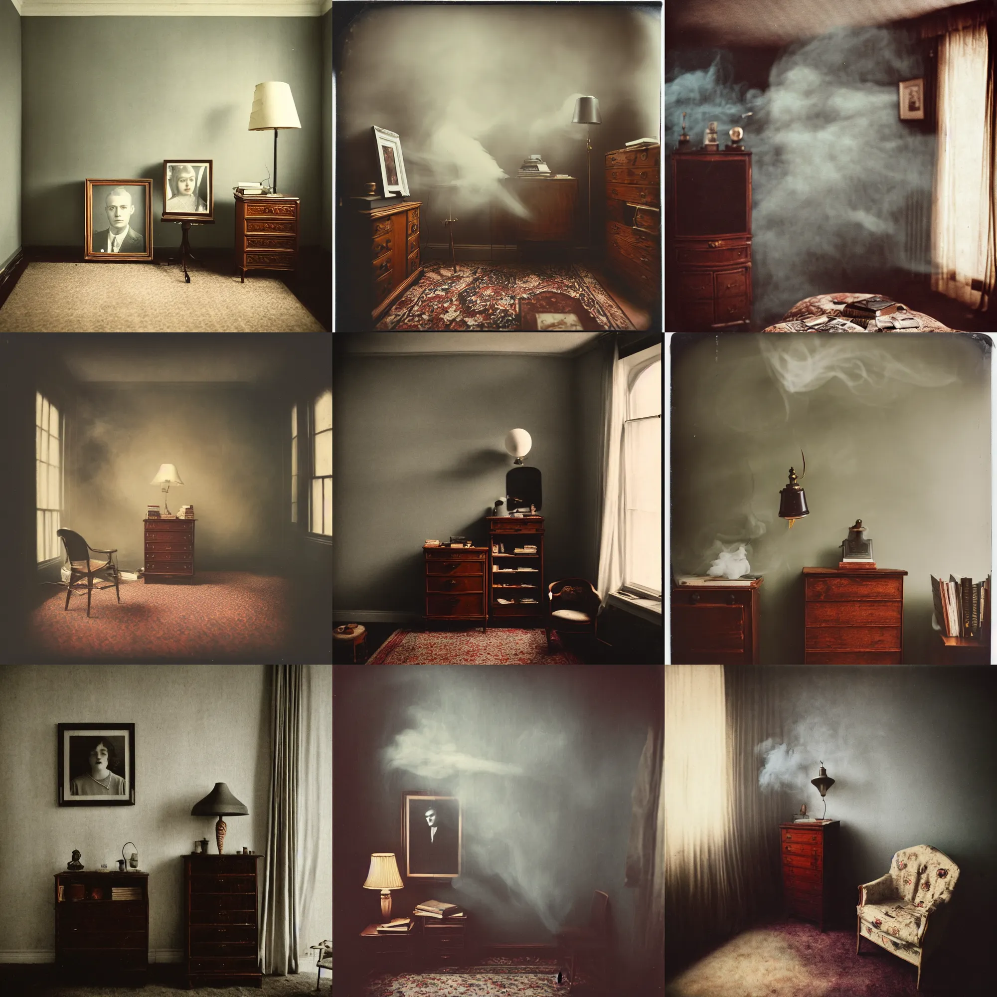 Prompt: kodak portra 4 0 0, wetplate, fisheye, award - winning portrait by britt marling, 1 9 2 0 s room, ghost, picture frames, dust, smoke, 1 9 2 0 s furniture, wallpaper, carpet, shining lamp, books, muted colours, wood, fog,