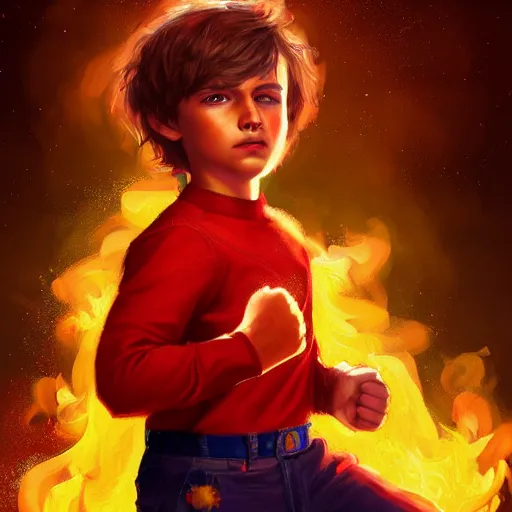 Prompt: colorful and festive captivating young child boy, brown fluffy hair, wearing red and yellow hero suit, shooting a fire ball out of his fist. full body, rich vivid colors, ambient lighting, dynamic lighting, 4 k, atmospheric lighting, painted, intricate, highly detailed by charlie bowater