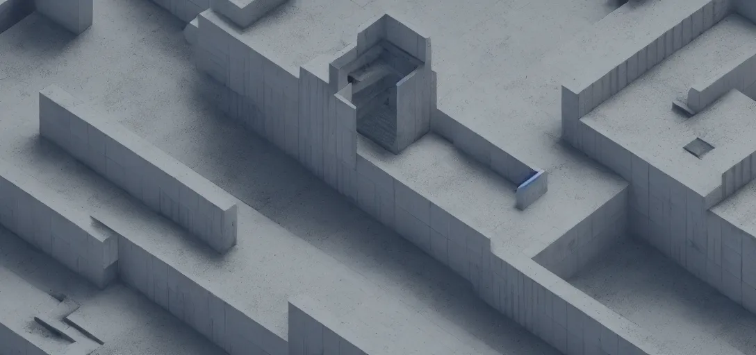 Prompt: isometric 3D octane render of a brutalist building, dramatic lighting, 8K, high resolution, realistic lighting