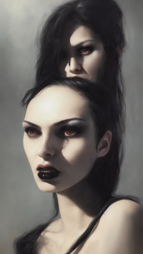 Prompt: face of a beautiful woman with very black hair, intimidating woman, large black eyes, high forehead, smooth pale skin, ethereal skin, ominous, eldritch. oil painting by nuri iyem, james gurney, james jean, greg rutkowski, highly detailed, soft lighting, chiaroscuro