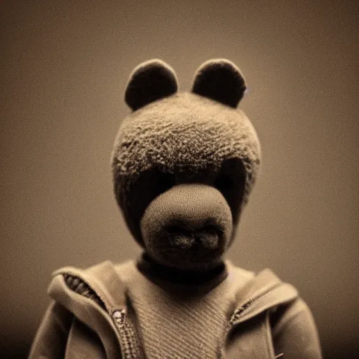 Image similar to Portrait studio photograph of Kanye West and also a anthropomorphic teddy bear, close up, shallow depth of field, in the style of Felice Beato, Noir film still, 40mm