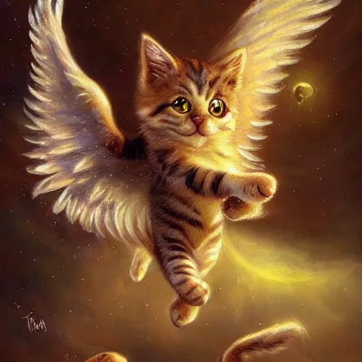 Image similar to cute cat flying with angel wings, fantasy, cosmos, tony sart