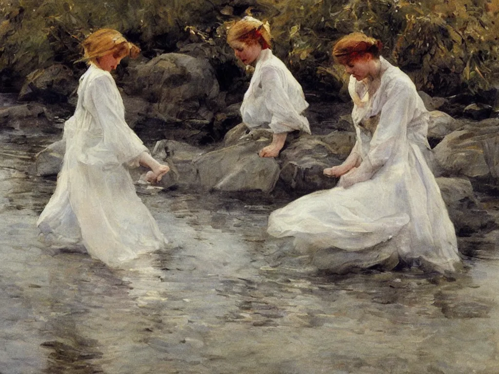 Prompt: Woman in the river. Painting by Anders Zorn