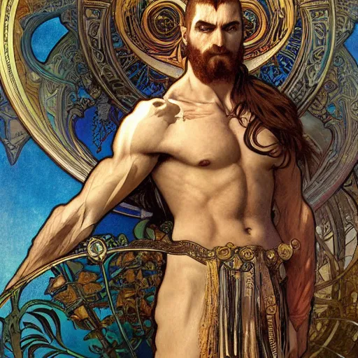 Prompt: realistic detailed full body portrait of Ares the Greek god of war by Alphonse Mucha, Amano, Charlie Bowater, Karol Bak, Greg Hildebrandt, Jean Delville, and Mark Brooks, Art Nouveau, Neo-Gothic, gothic, rich deep moody colors