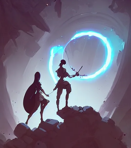 Image similar to female mage and male warrior standing near a portal by atey ghailan, by greg rutkowski, by greg tocchini, by james gilleard, by joe fenton, by kaethe butcher, dynamic lighting, gradient light blue, brown, blonde cream and white color scheme, grunge aesthetic
