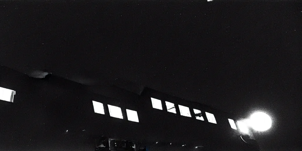 Prompt: low angle shot of a space station at night, film noir set design by Bertolt Brecht, in the style of Jim Jarmusch, shot on film, grainy, hyperrealistic