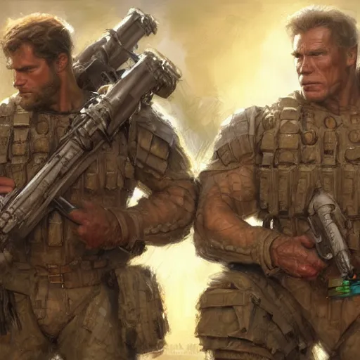 Image similar to Henry Cavill and Arnold Schwarzenegger as soldiers, closeup character art by Donato Giancola, Craig Mullins, digital art, trending on artstation